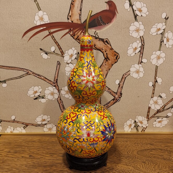 老北京景泰蓝葫芦瓶铜胎掐丝珐琅黄色缠莲纹花瓶纯手工diy