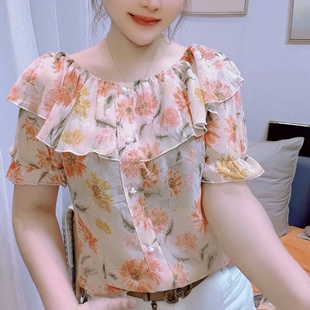 超仙甜美气质荷叶边碎花短袖雪纺纱衫女收腰显瘦遮肚子薄款仙女衫