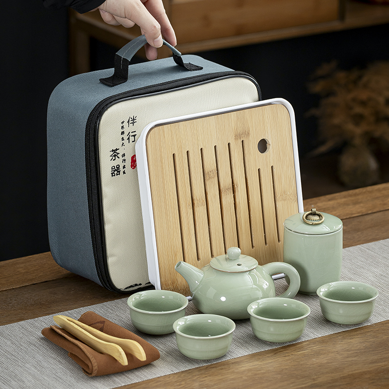 哥窑天青色旅行茶具套装