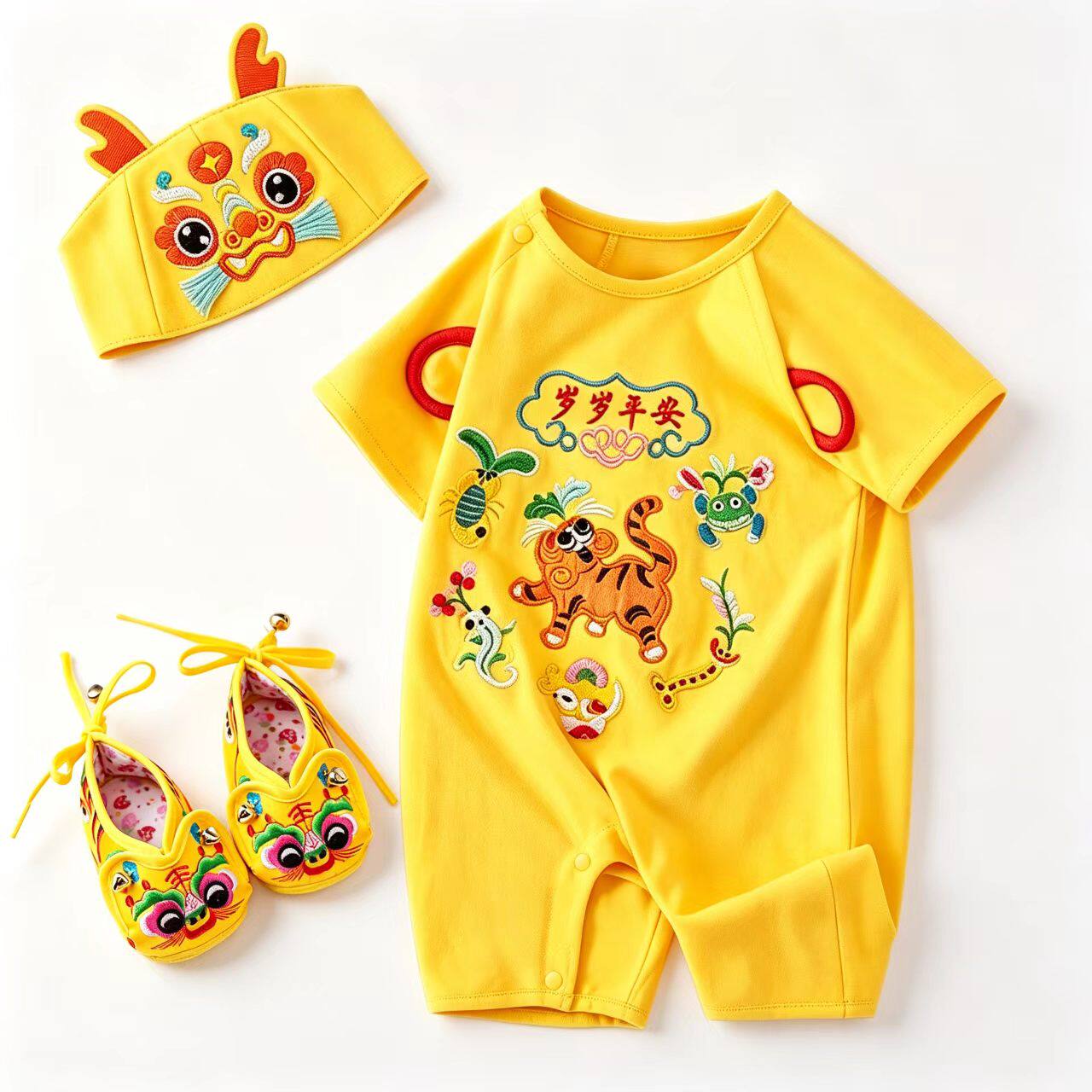 宝宝纯棉夏装端午五毒连体衣新生儿满月百日宴礼服周岁服爬服哈衣