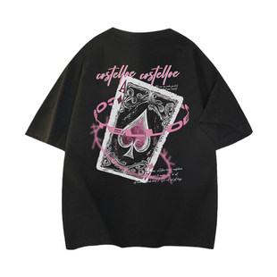 美式高街背面字母环绕扑克印花宽松短袖T恤