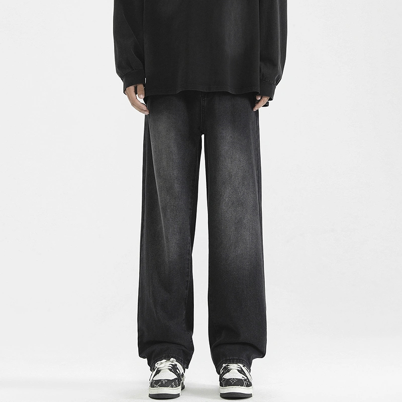 港风做旧高街直筒牛仔裤男士宽松休闲韩版潮流休闲阔腿长裤子