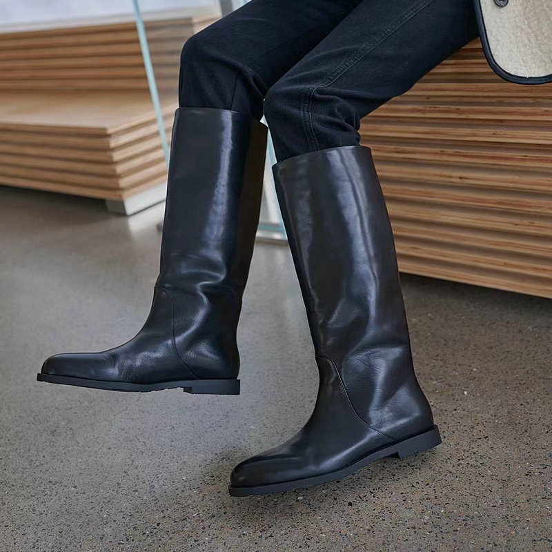 诗歌兰不过膝高筒长靴女2025秋冬新款真皮时尚尖头显瘦套筒骑士靴