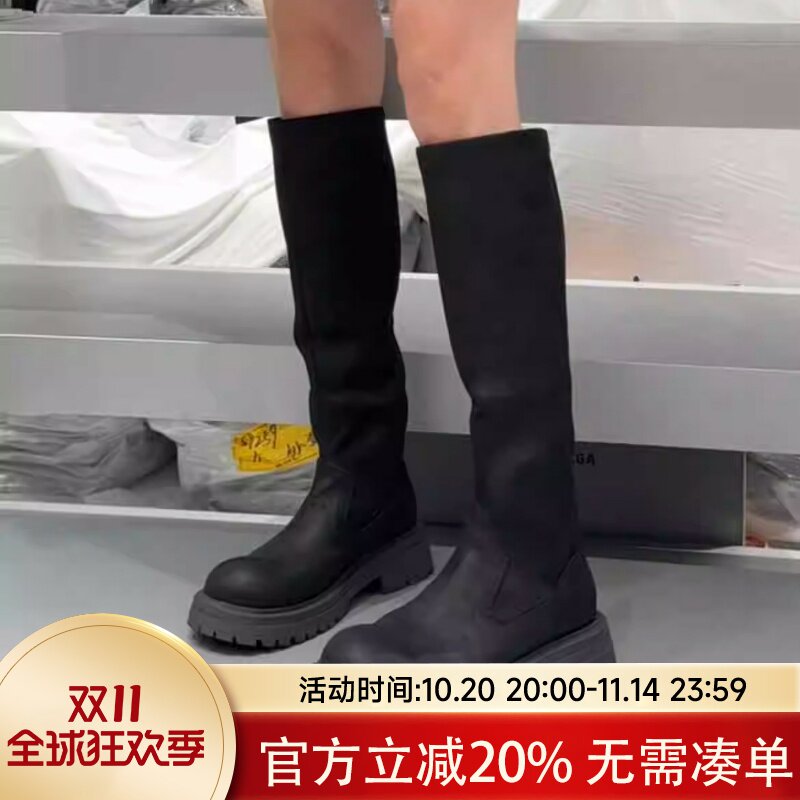 诗歌兰高筒靴女2025秋新款真皮磨砂欧货复古百搭不过膝显瘦骑士靴