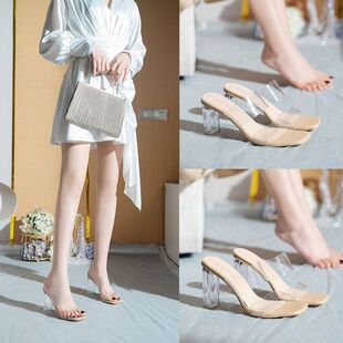35-45码 43大码女鞋44网红凉鞋女42夏季水晶透明一字拖粗跟高跟