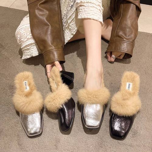 202543粗跟高跟鞋42加绒穆勒鞋41