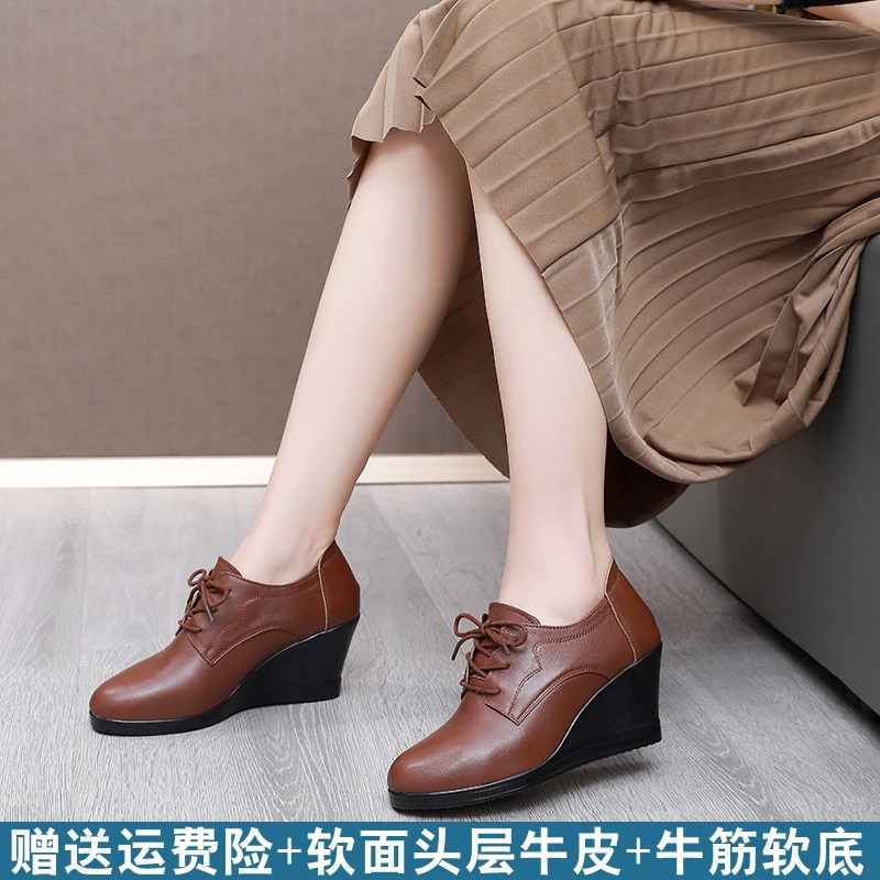 软面头层牛皮坡跟单鞋秋冬新款高跟厚底舒服系带真皮时尚深口女鞋