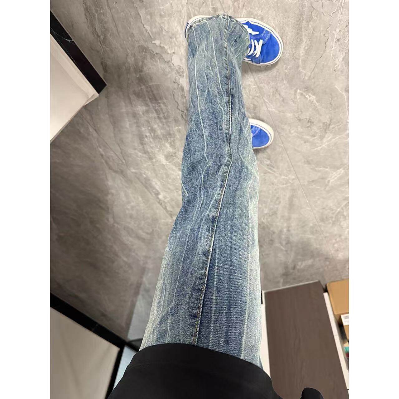 浅蓝色闪电裂纹牛仔裤男秋季美式vibe风格裤子cleanfit微喇直筒裤