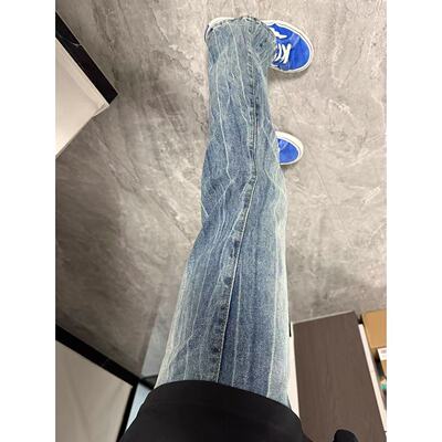 蓝色闪电裂纹牛仔裤男秋季美式