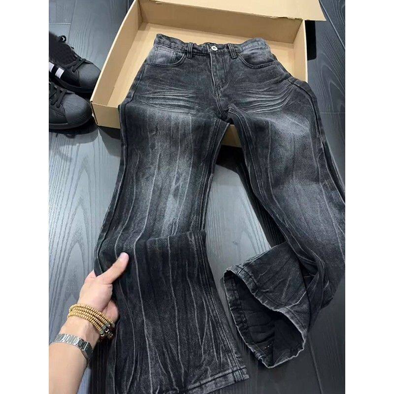 闪电纹黑色牛仔裤男2025新款美式高街水洗渐变潮流微喇直筒裤子