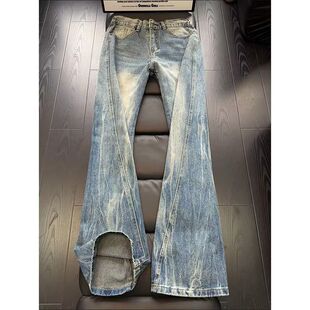 cleanfit闪电纹斜切牛仔裤男款春秋季美式高街vibe裤子显瘦微喇裤