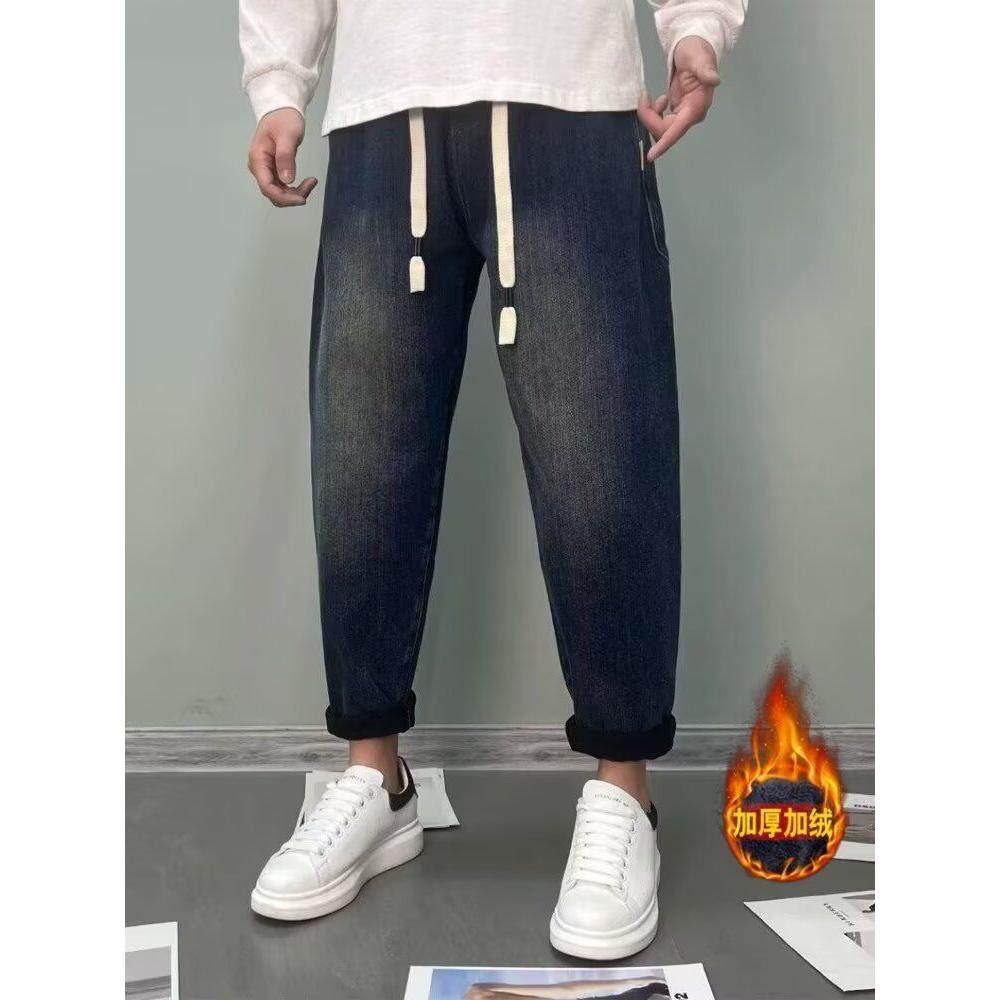 牛仔裤男秋冬加绒新款美式潮牌复古水洗做旧休闲裤宽松做旧直筒阔