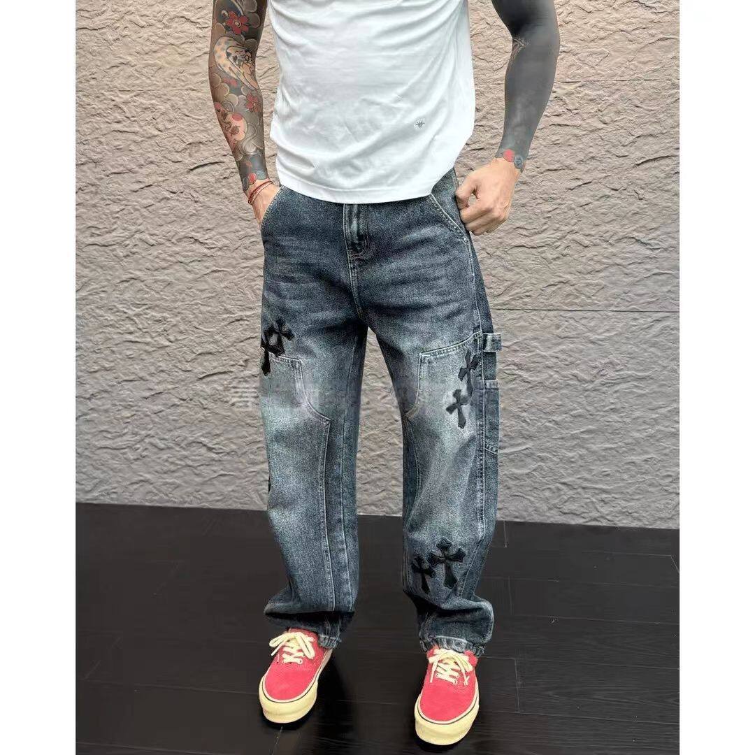 十字架拼皮印花显瘦男士牛仔裤