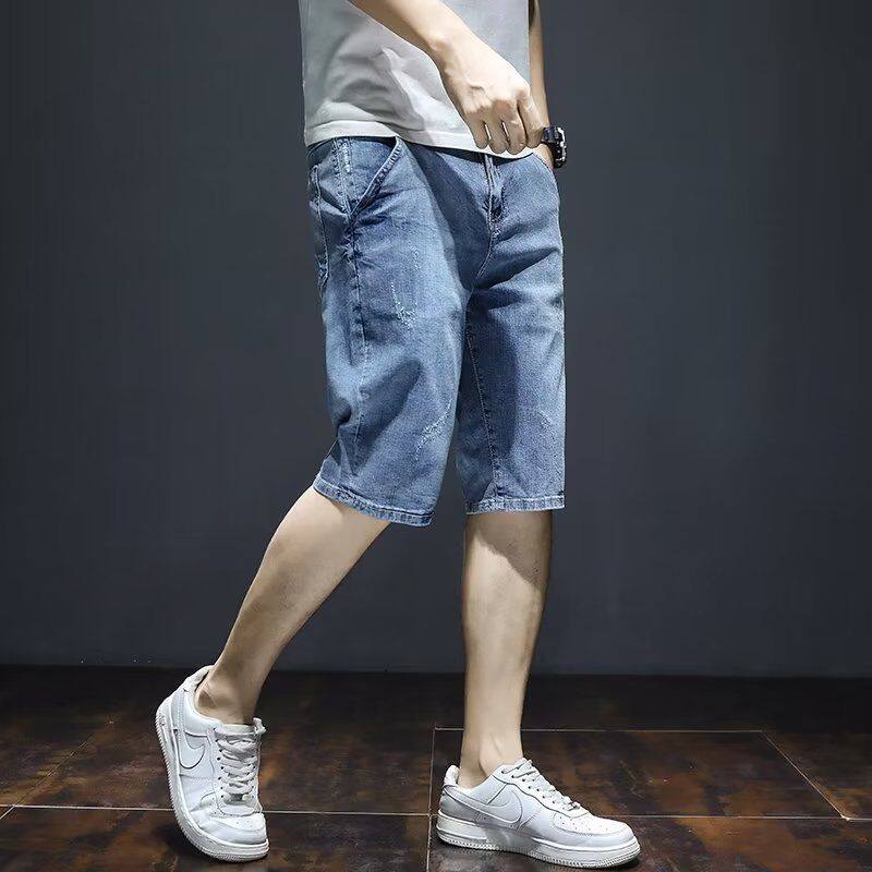 牛仔五分短裤男士夏季薄款宽松直筒2025潮牌浅蓝色休闲5分中裤子