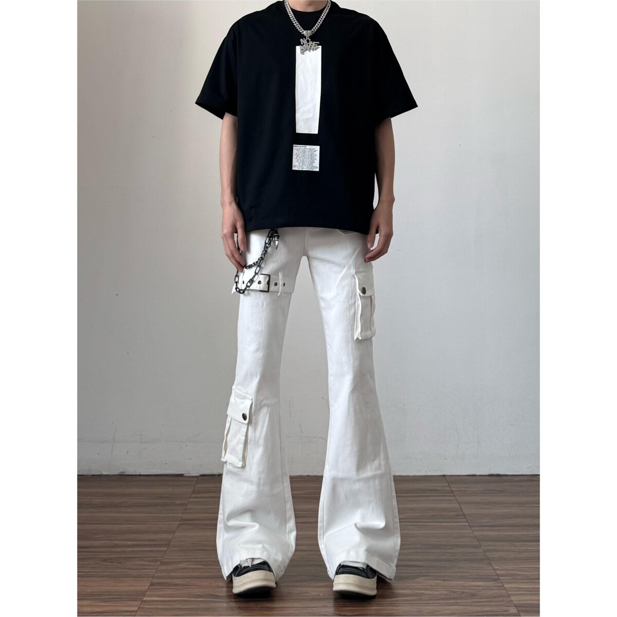 美式工装风白色多口袋牛仔裤男宽松直筒抽绳高街vibe长裤