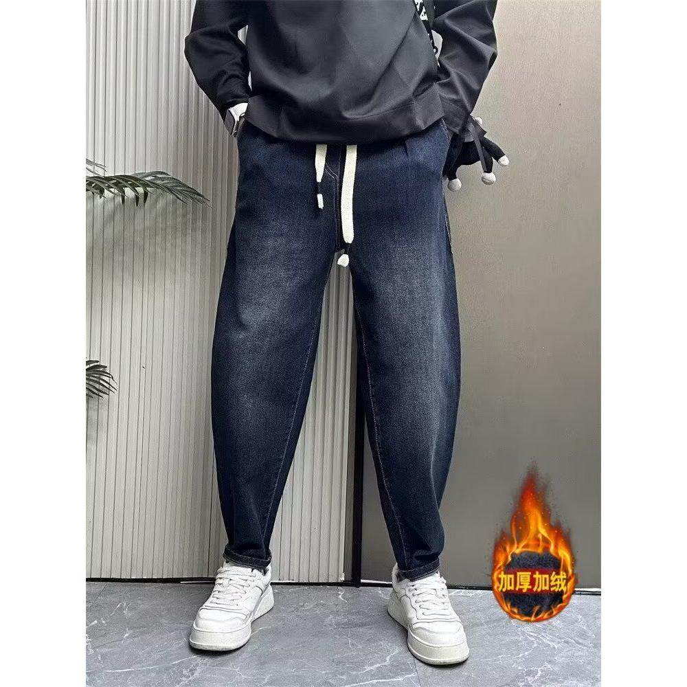 秋冬加绒新款哈伦复古牛仔裤男士直筒修身潮牌痞帅百搭系带休闲裤