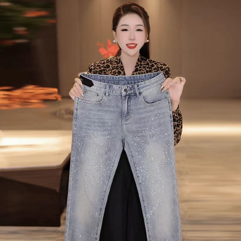 设计感镶钻牛仔裤帅气时尚流行显瘦裤子高腰宽松直筒裤休闲长裤潮