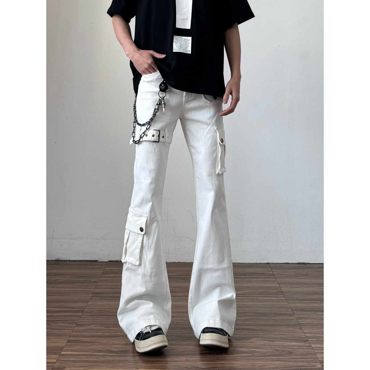 美式工装风白色多口袋牛仔裤男宽松直筒抽绳长裤高街