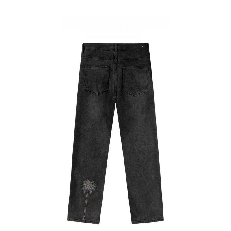 设计款椰子树刺绣牛仔裤男黑色宽松直筒裤潮流简约弹力时尚长裤子