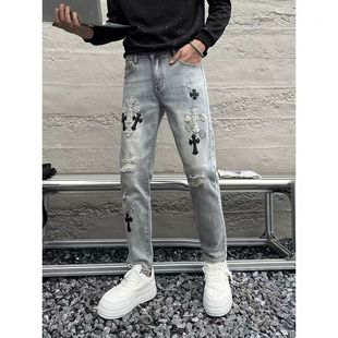 牛仔裤男欧洲站刺绣破洞弹力修身小脚裤潮牌痞帅炸街新款潮流裤子