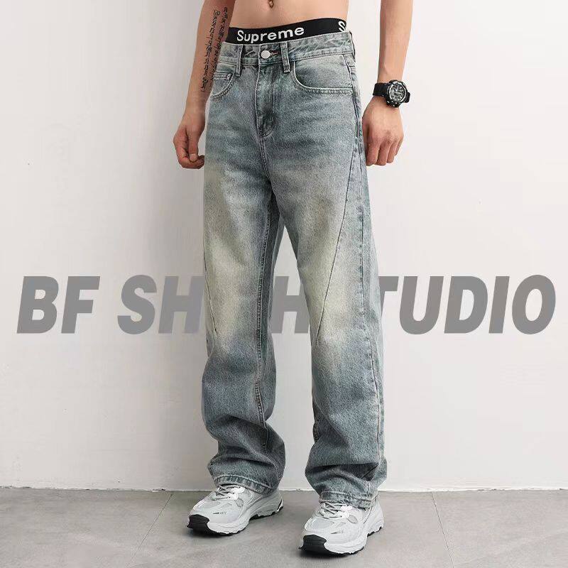美式高街时尚新款直筒牛仔裤男款宽松休闲复古水洗浅色弯刀长裤子
