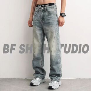 美式高街时尚新款直筒牛仔裤男款宽松休闲复古水洗浅色弯刀长裤子
