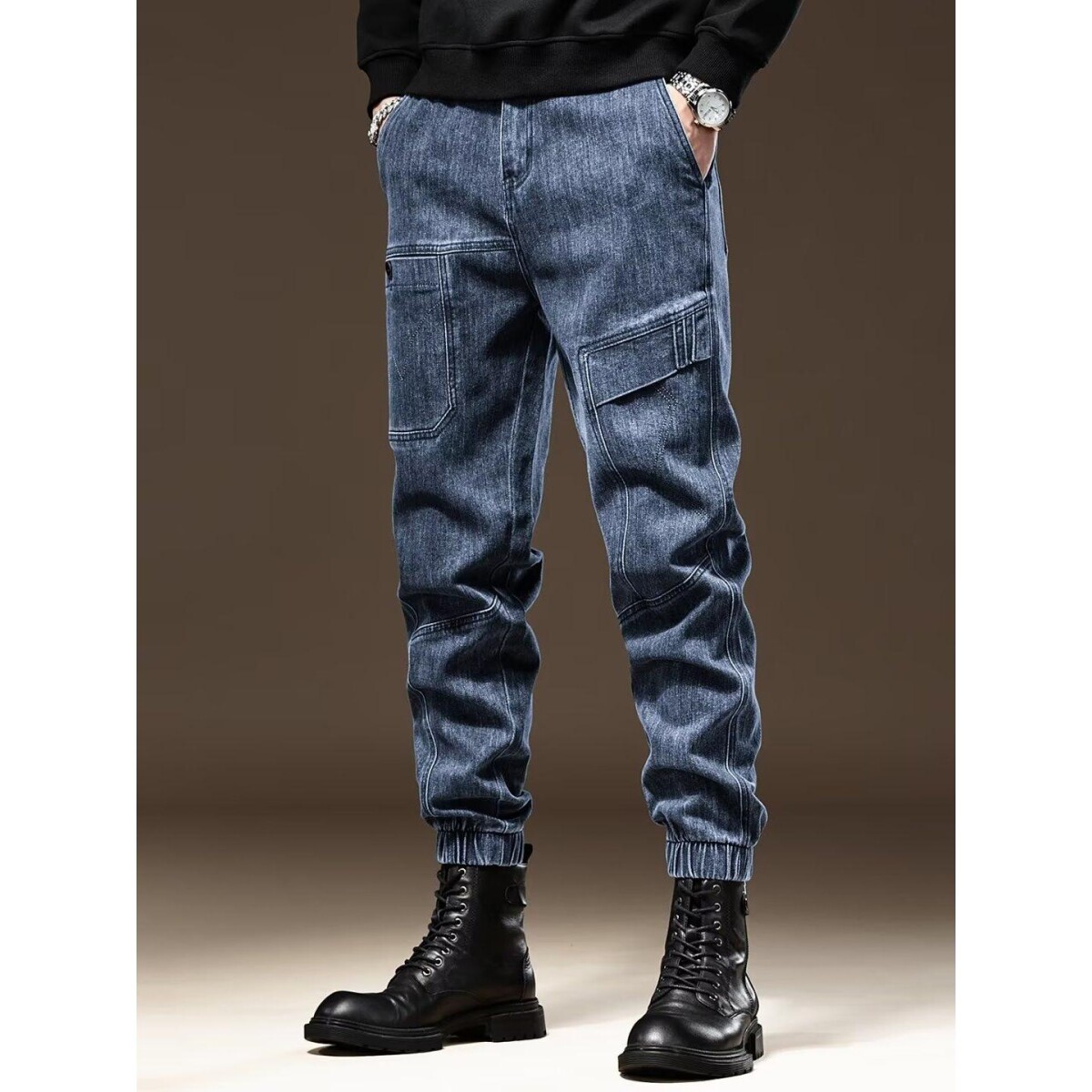 复古工装牛仔裤男冬季新款宽松大码潮牌拼接束脚加绒休闲哈伦裤子