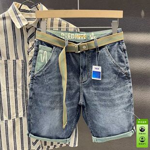 男潮流修身 牛仔短裤 五分裤 腰带蓝色潮牌中裤 夏季 百搭休闲马裤 薄款