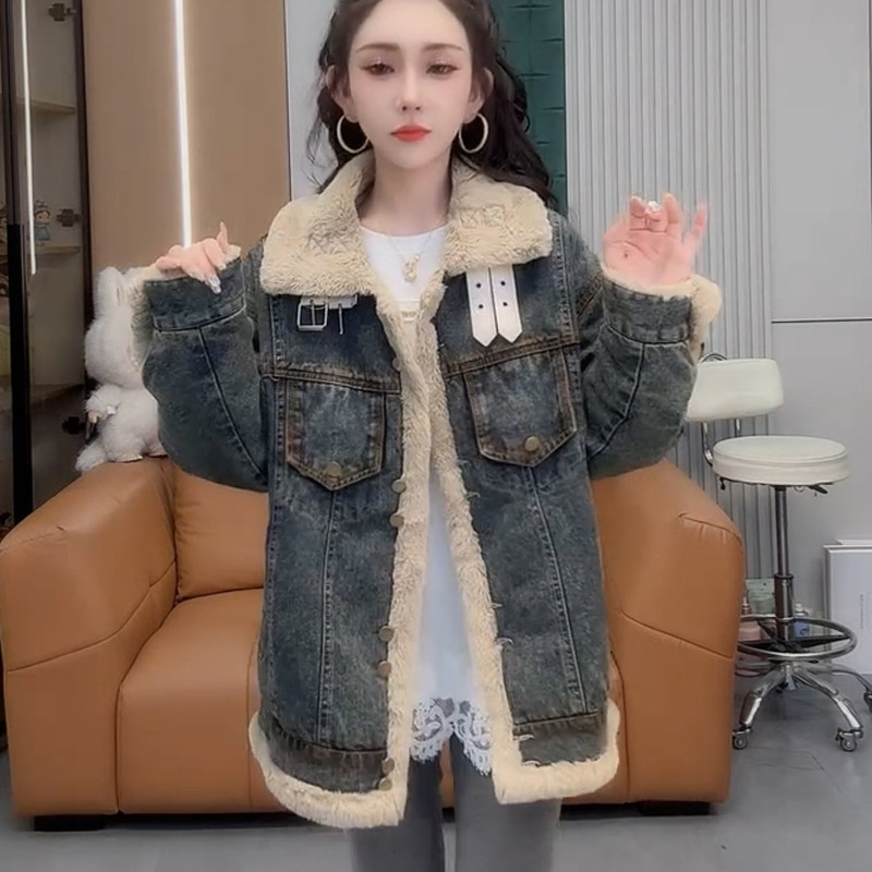 韩版牛仔风皮毛领拼接外套