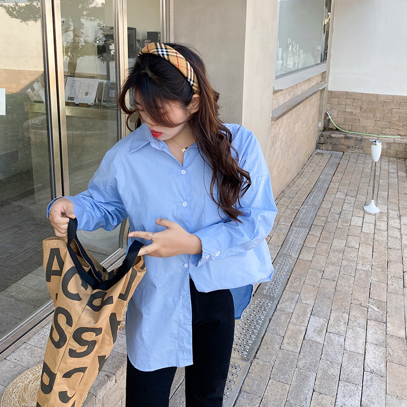 大码上衣中长款显瘦polo领胖妹妹百搭宽松韩系简约纯色慵懒风衬衫