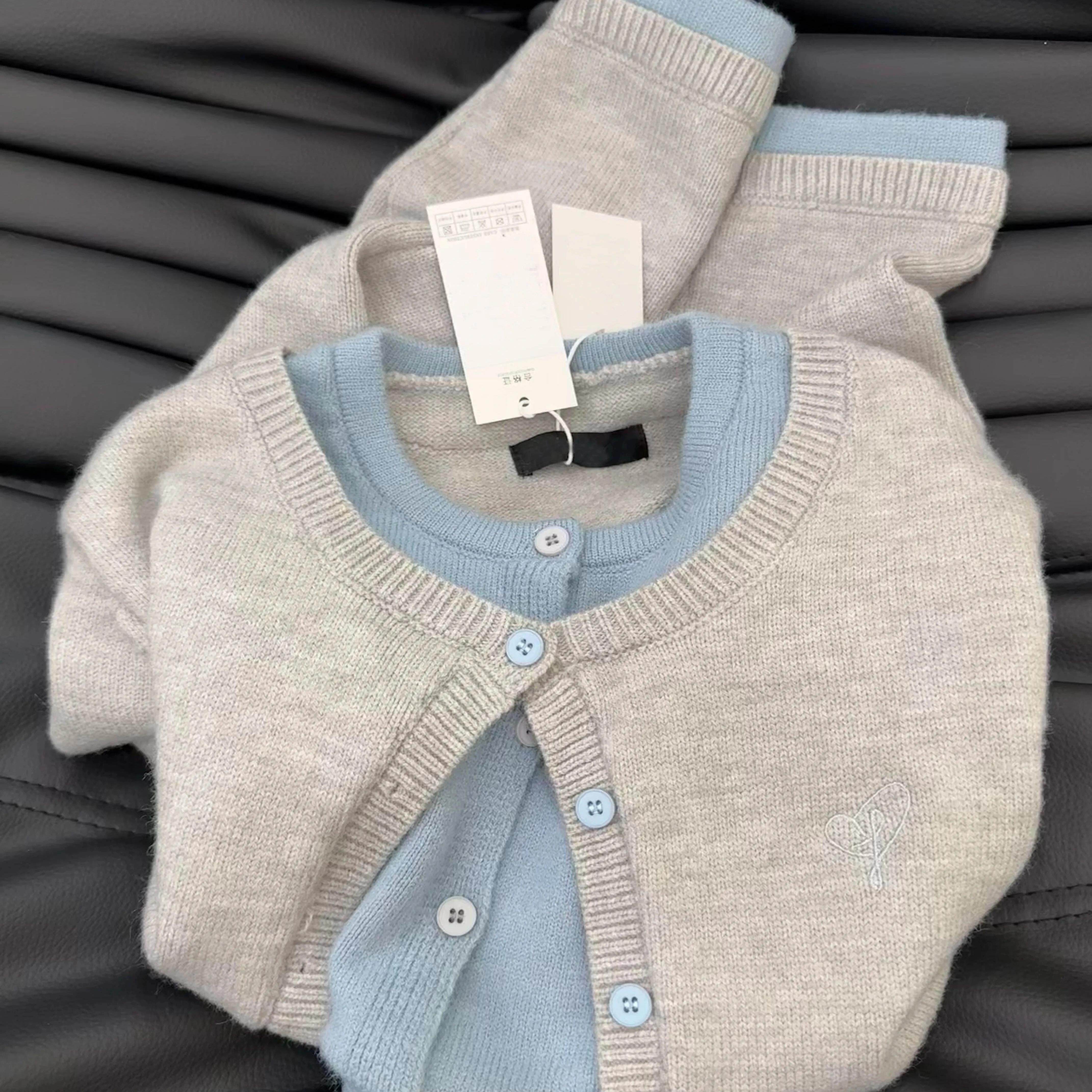 格雷系假两件针织毛衣外套女2024秋冬新款灰色高级感拼接开衫上衣