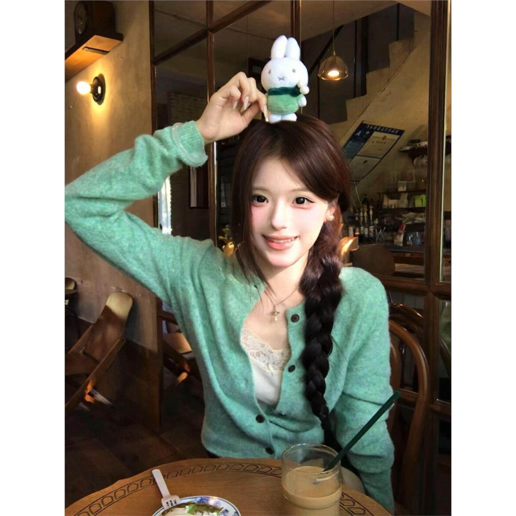 绿色针织开衫毛衣外套女