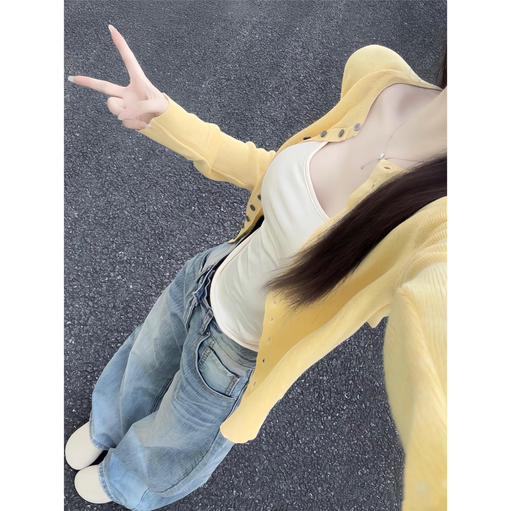 韩系黄色针织开衫外套女