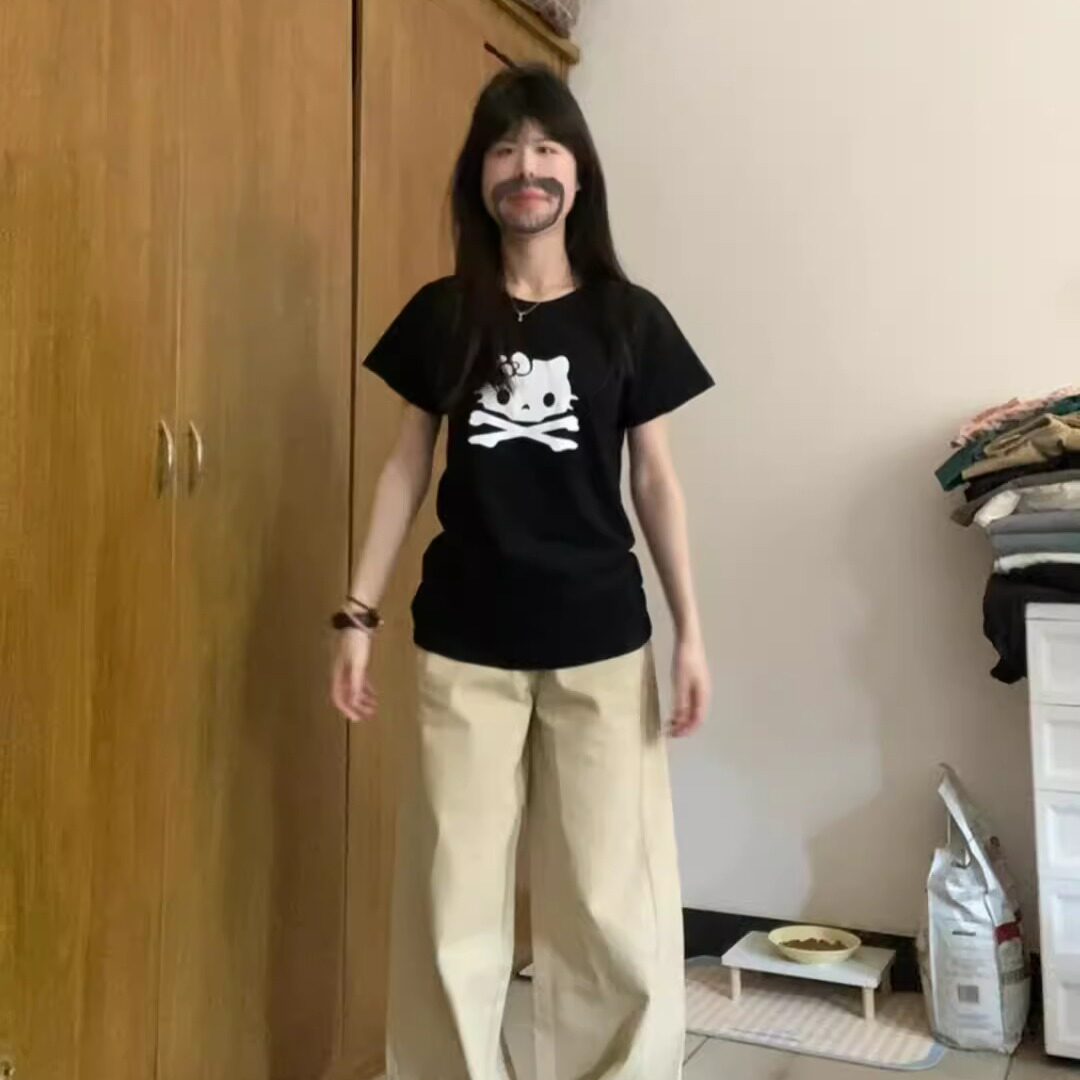 韩系骷髅头猫咪黑色短袖T