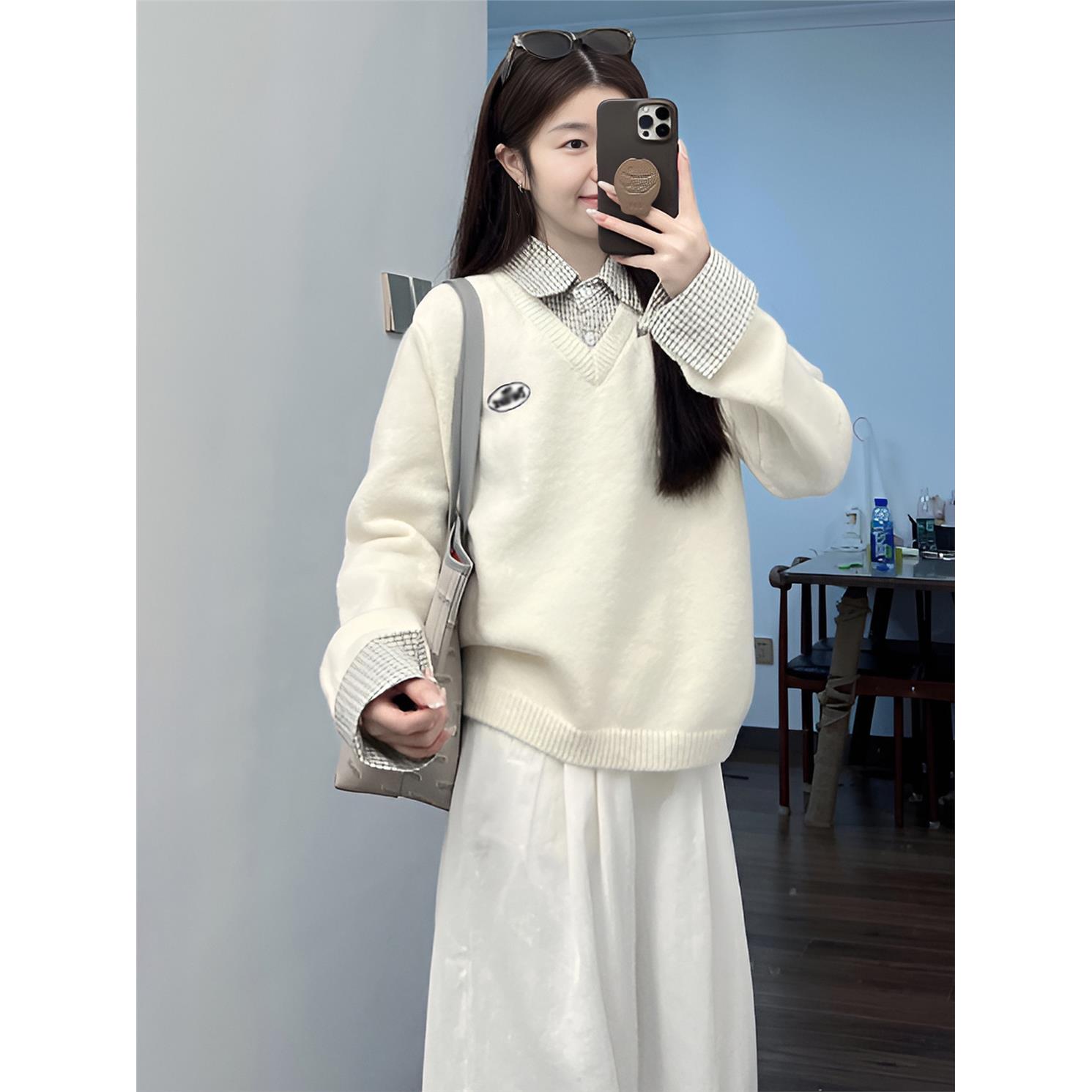 假两件拼接格子polo领套