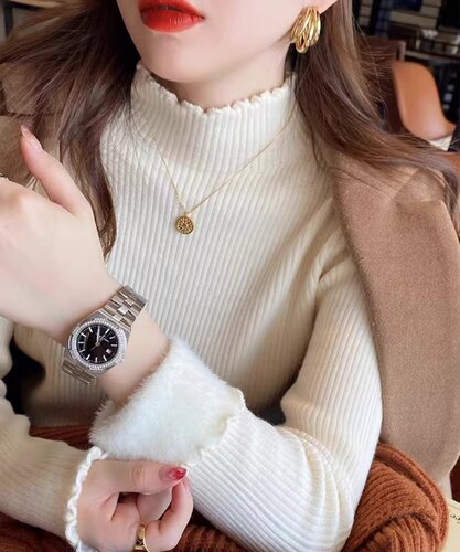 半高领一体绒打底衫女内搭秋冬新款加绒加厚毛衣洋气木耳边针织衫