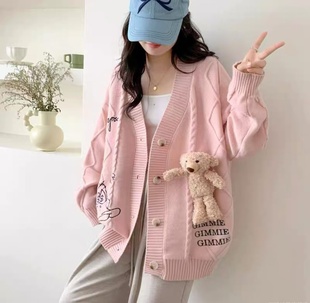 小众2024秋冬新款 连帽毛衣女情侣外套 韩版 立体小熊兔针织开衫