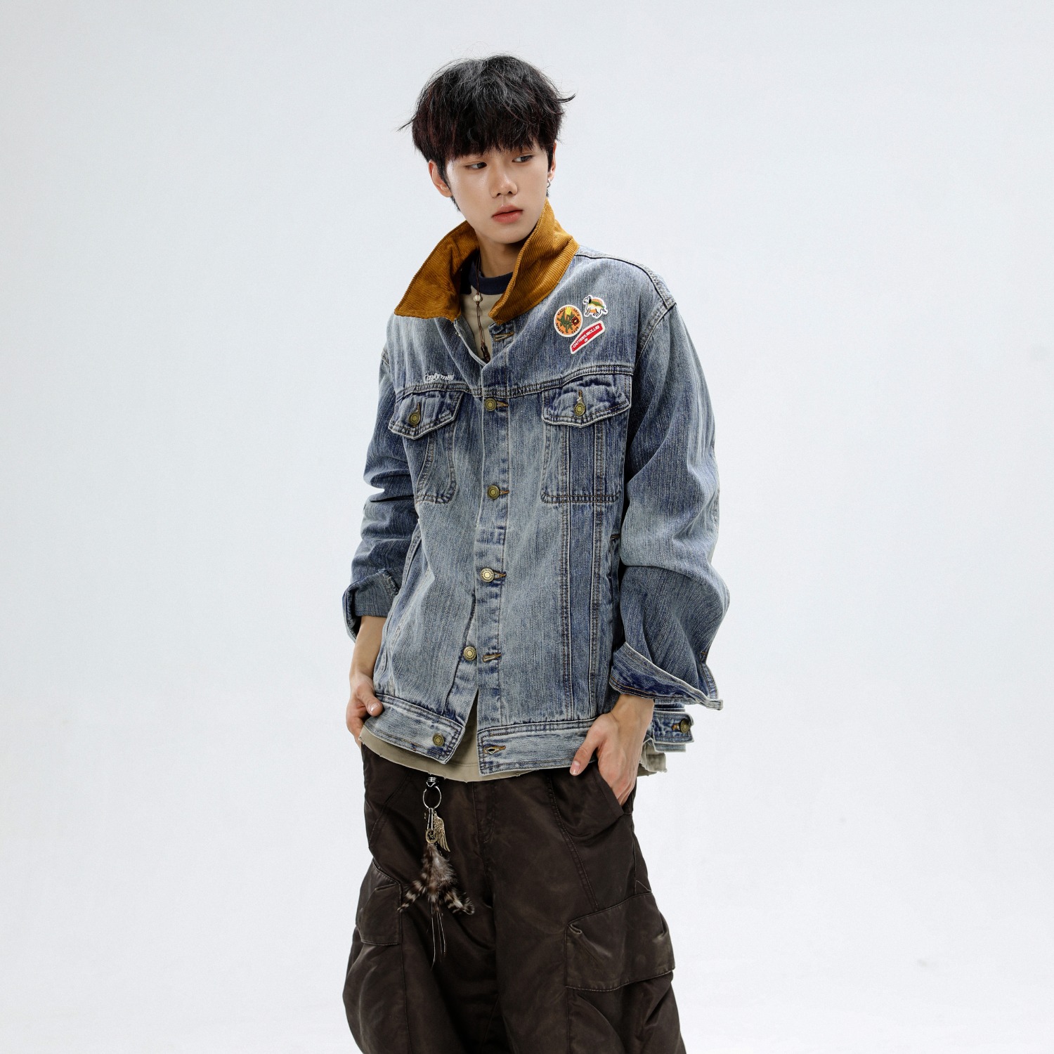 美式复古徽章贴布拼接牛仔外套男女2025春秋款小众设计感夹克上衣