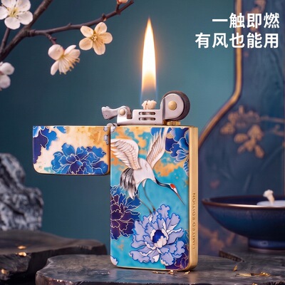 佐罗zc5二代黄铜打火机升级高密封薄款创意双面彩印仙鹤砂轮火机