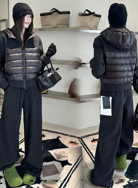 2025冬季新款高品质套装加绒加厚拼接连帽拉链款休闲慵懒两件套装