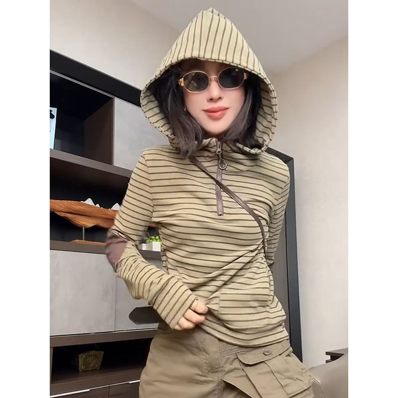 欧洲站2025秋冬季新款欧货洋气条纹拉链上衣连帽套头宽松卫衣女潮