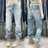 水洗破洞显瘦高腰牛仔裤 weisu唯速57327 直筒裤 浅蓝窄版 女 2春新款