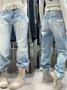 weisu唯速57327-2春新款浅蓝窄版直筒裤水洗破洞显瘦高腰牛仔裤女