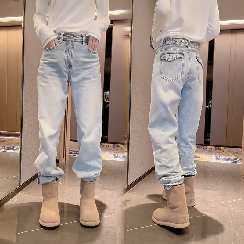 2025秋冬新款网红同款浅色磨毛水洗牛仔裤女窄版直筒裤唯速57299