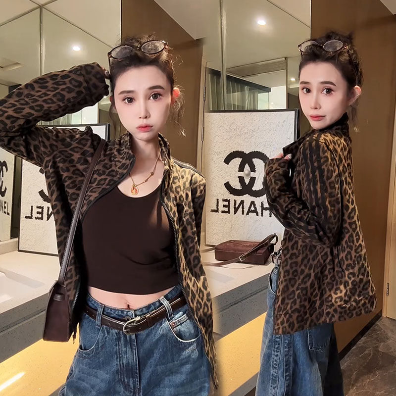 欧洲站2025秋季新款欧货洋气拉链开衫上衣豹纹元素显瘦外套女短款