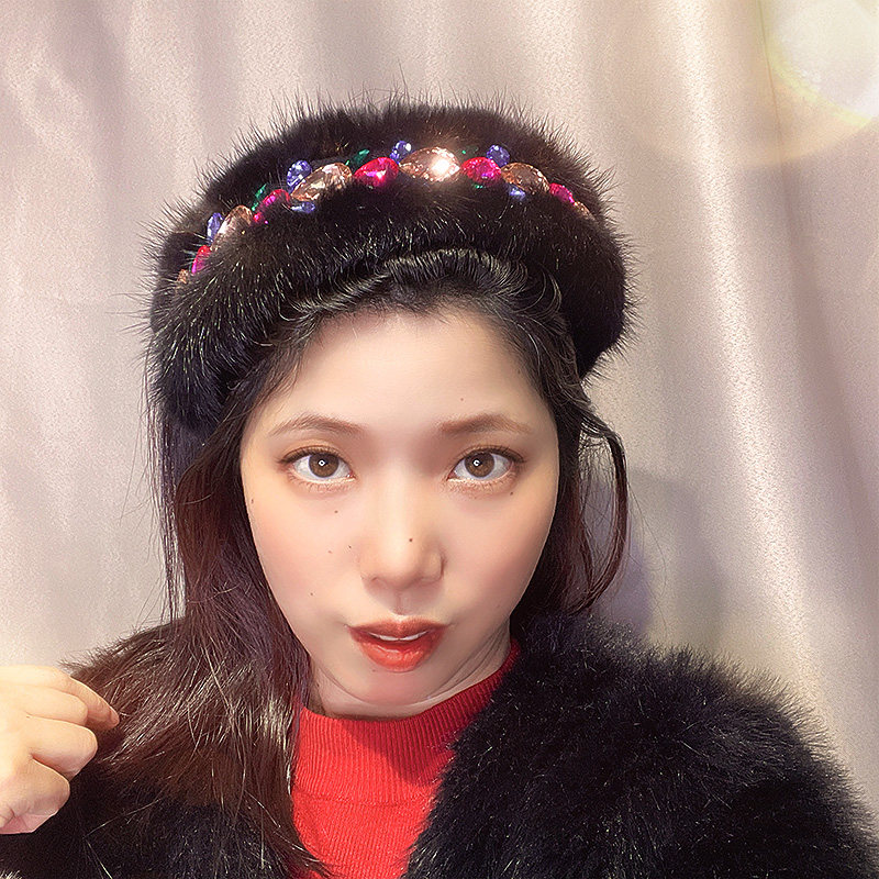 秋冬发饰黑色彩钻水貂毛发箍女带