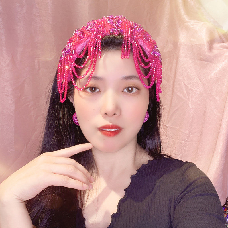 水钻玫红色蕾丝水晶流苏发箍带齿