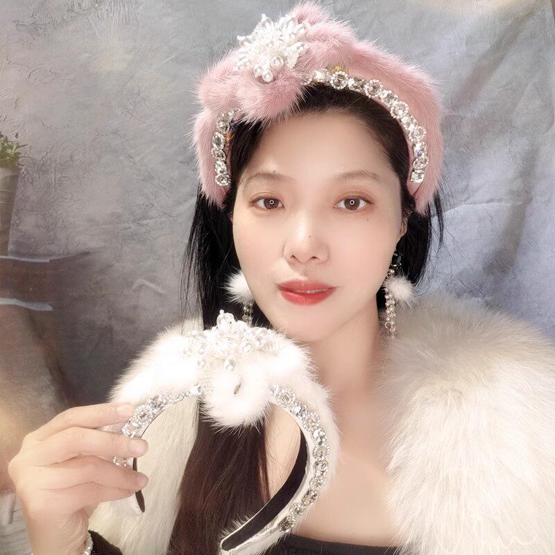 秋冬发饰镶钻黑色水貂毛发箍女高