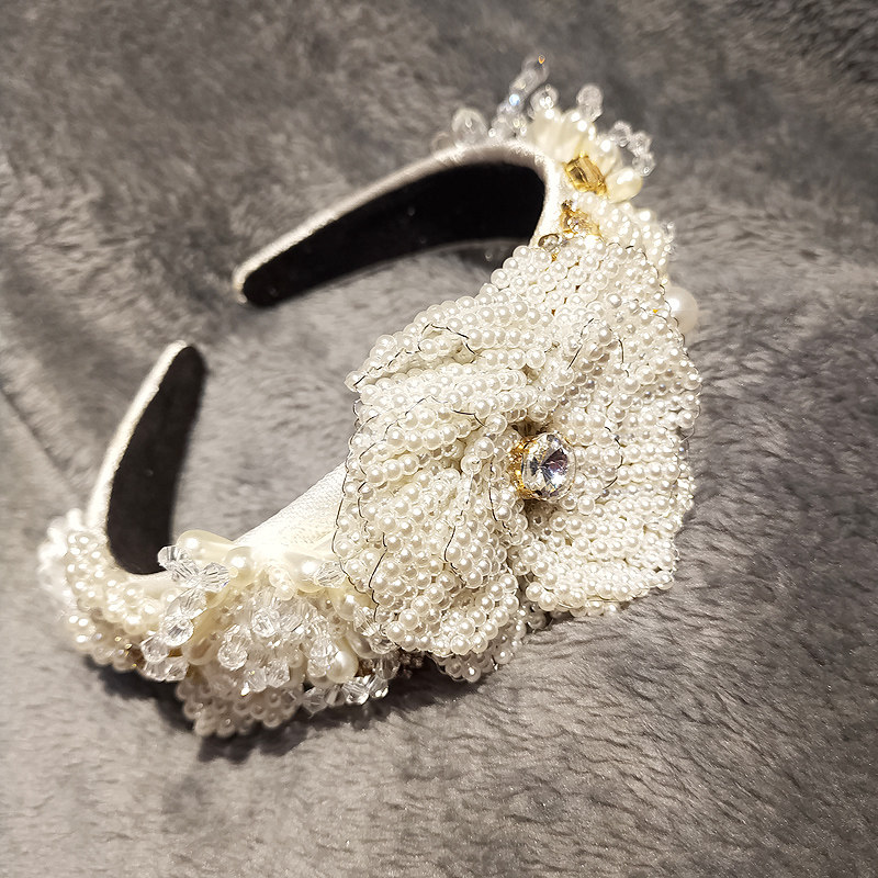 手工仿珍珠花朵发箍宽边带齿饰品