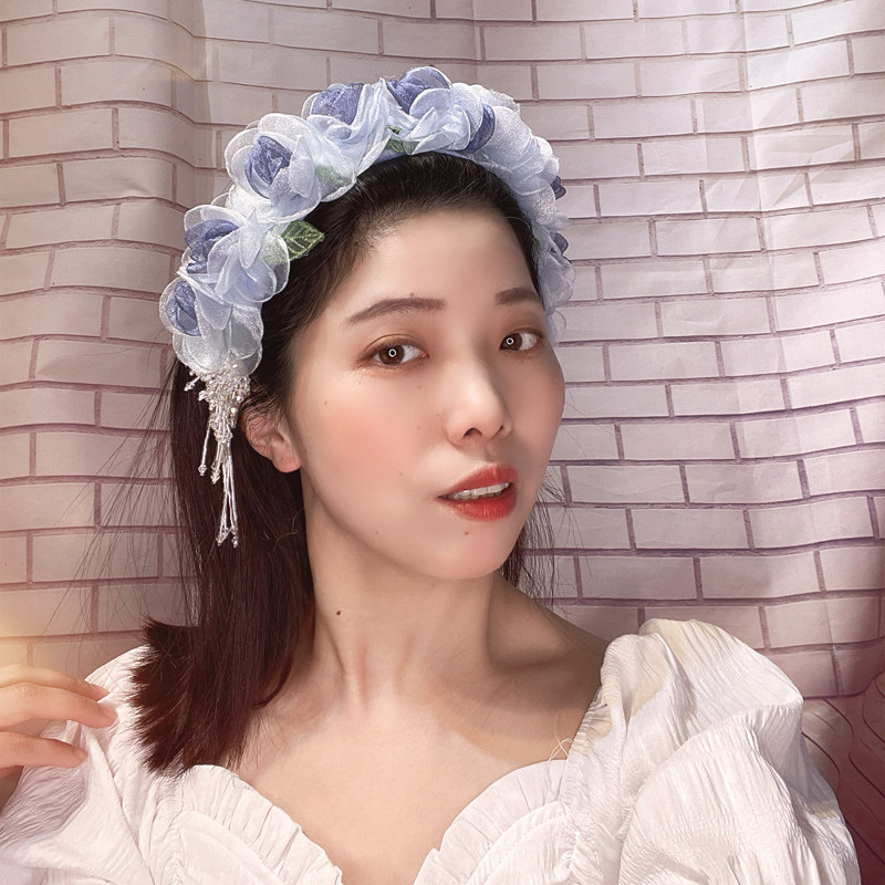 发卡蕾丝花流苏发箍森系蓝色带齿